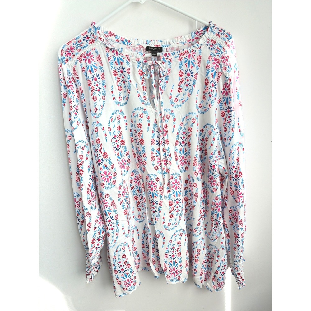 Talbots Peasant Blouse 2X Boho Pink Blue Paisley Floral Tie Neck Smocked Cuffs